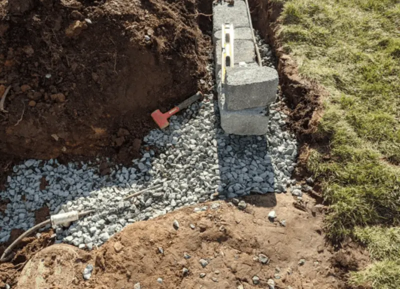 Retaining wall installation in progress